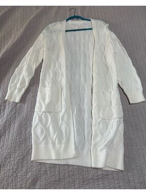 Open-Front Cable Knit Longline Cardigan - White